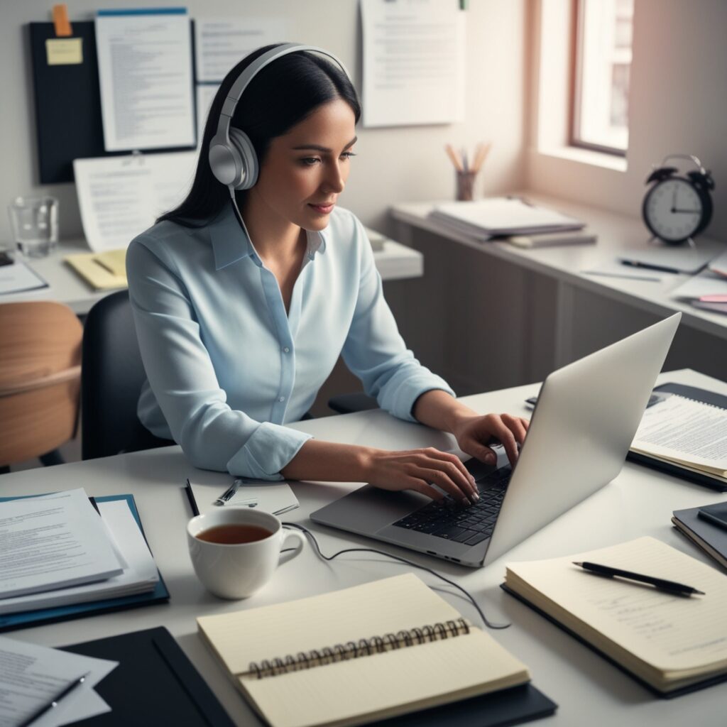 The Best 5 Freelancing Jobs Online for Beginners: Your Complete Guide to Getting Started Freelancing 6 A young woman sitting on a chair with headphones on, typing on a laptop while listening to audio for transcription work in a quiet home office.